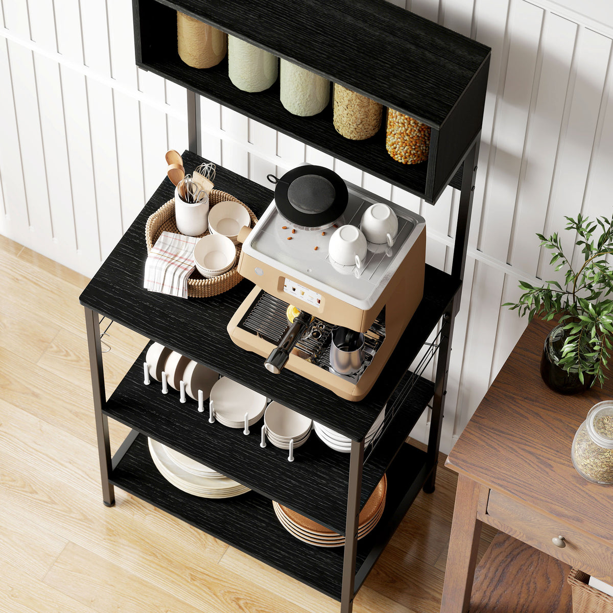 Étagère de cuisine support pour micro-ondes avec 2 chargeurs USB et 2 prise de courant, 5 crochets et étagère réglable-7
