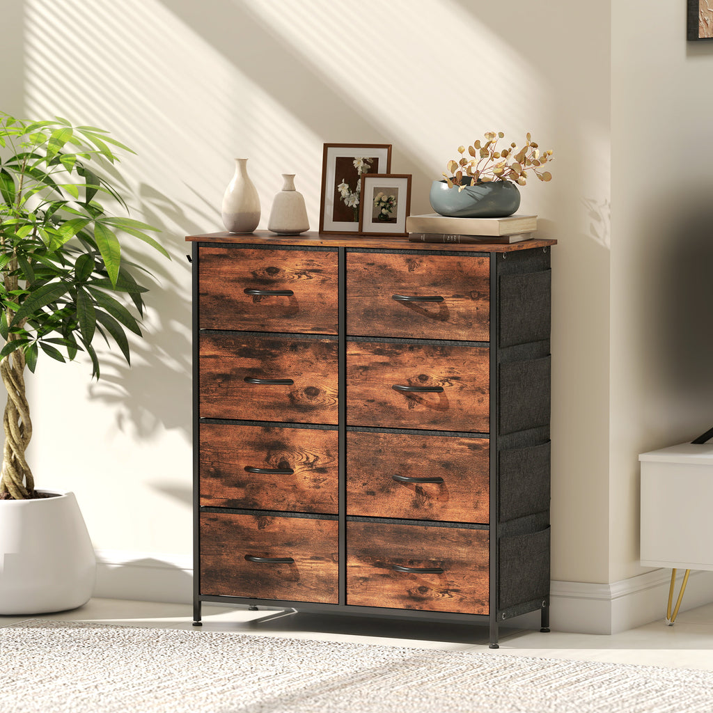 Commode 8 tiroirs en tissu, meuble de rangement, 4 poches, 2 crochets, structure en acier, 86x30x94,5cm, brun rustique-8