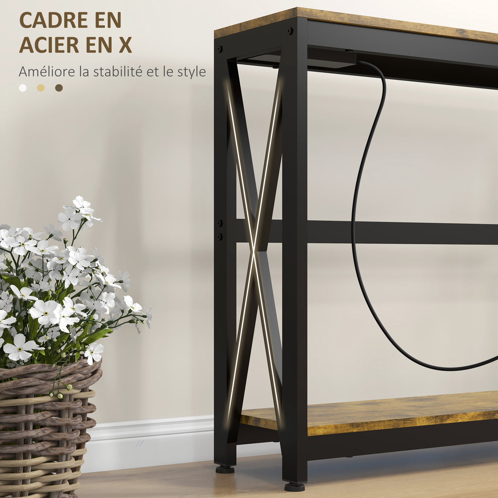 Console meuble étroite à 2 niveaux style industriel avec prises de courant et USB, 100 x 24 x 75 cm, marron-5