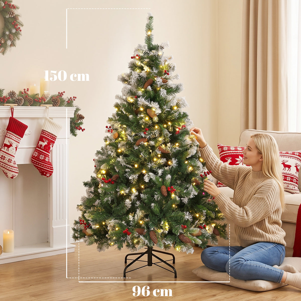Sapin de Noël Artificiel Lumineux et Enneigé 150cm, Arbre de Noël, Télécommande, 11 Modes d'Éclairage, 210 LED, Vert-2