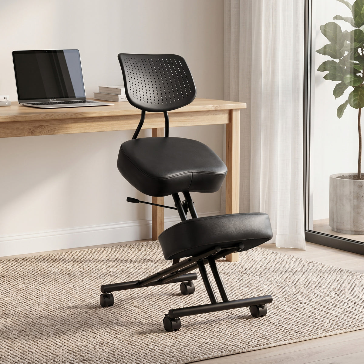 Chaise à Genoux Ergonomique avec Dossier, Siège Assis Genoux Réglable en PU sur Roulettes, Noir-1