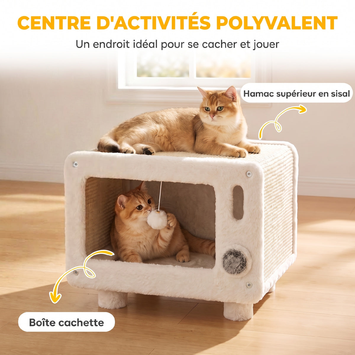 Maison pour Chat Niche pour Chat Intérieure en Forme de Télévision Tapis en Sisal et Balle Suspendue 50x33x42cm Blanc-4