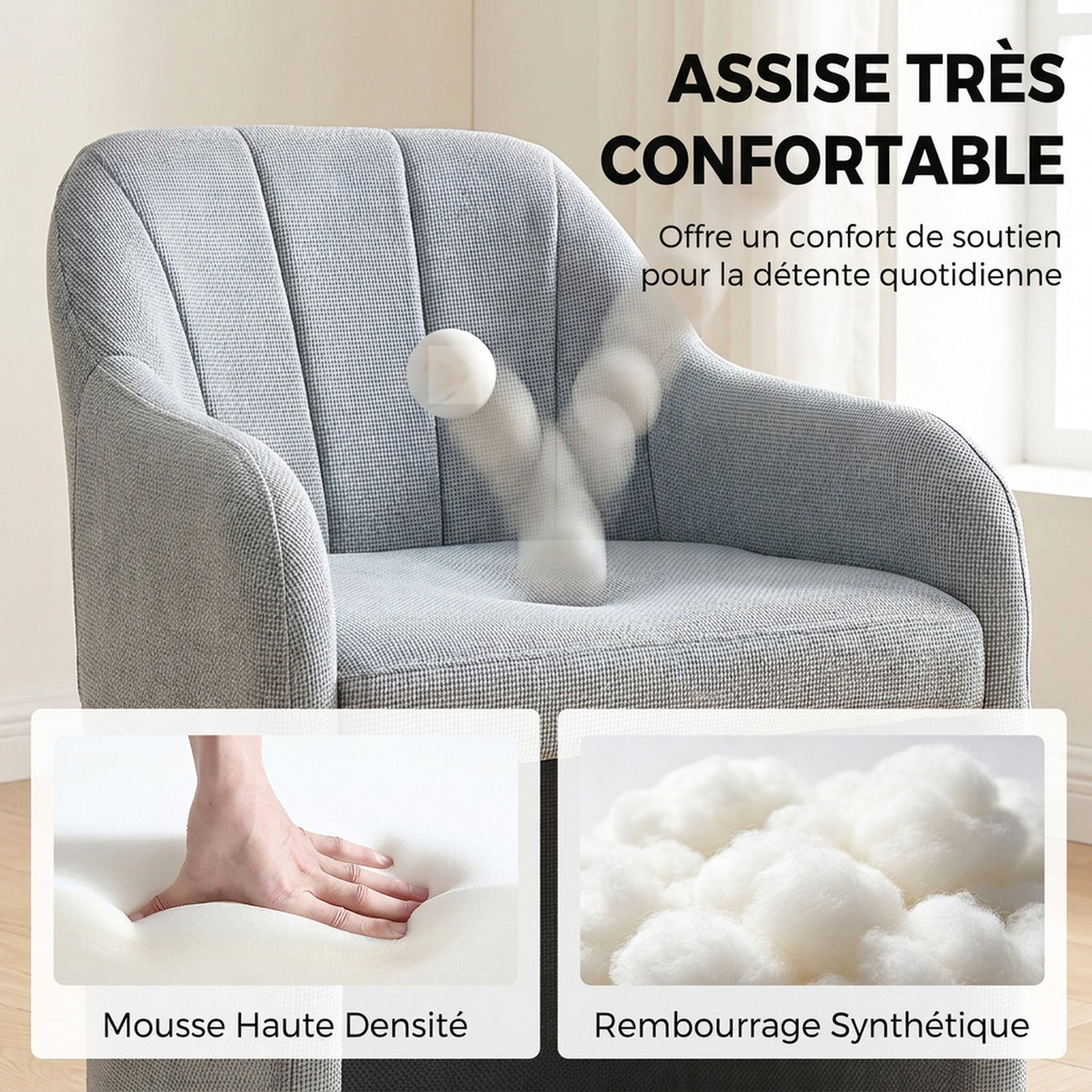Fauteuil de Salon en Tissu effet Lin, Accoudoirs Intégrés, Assise Épaisse, Base Ouverte, 60x62x79cm, Gris-4