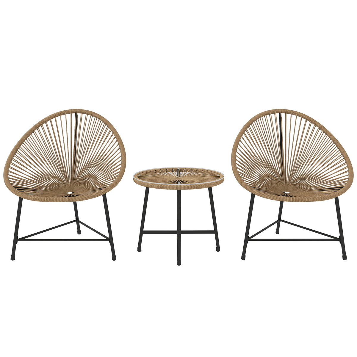 Salon de jardin extérieur en résine tressée 2 personnes, plateau en verre trempé, pour balcon terrasse patio, naturel-0