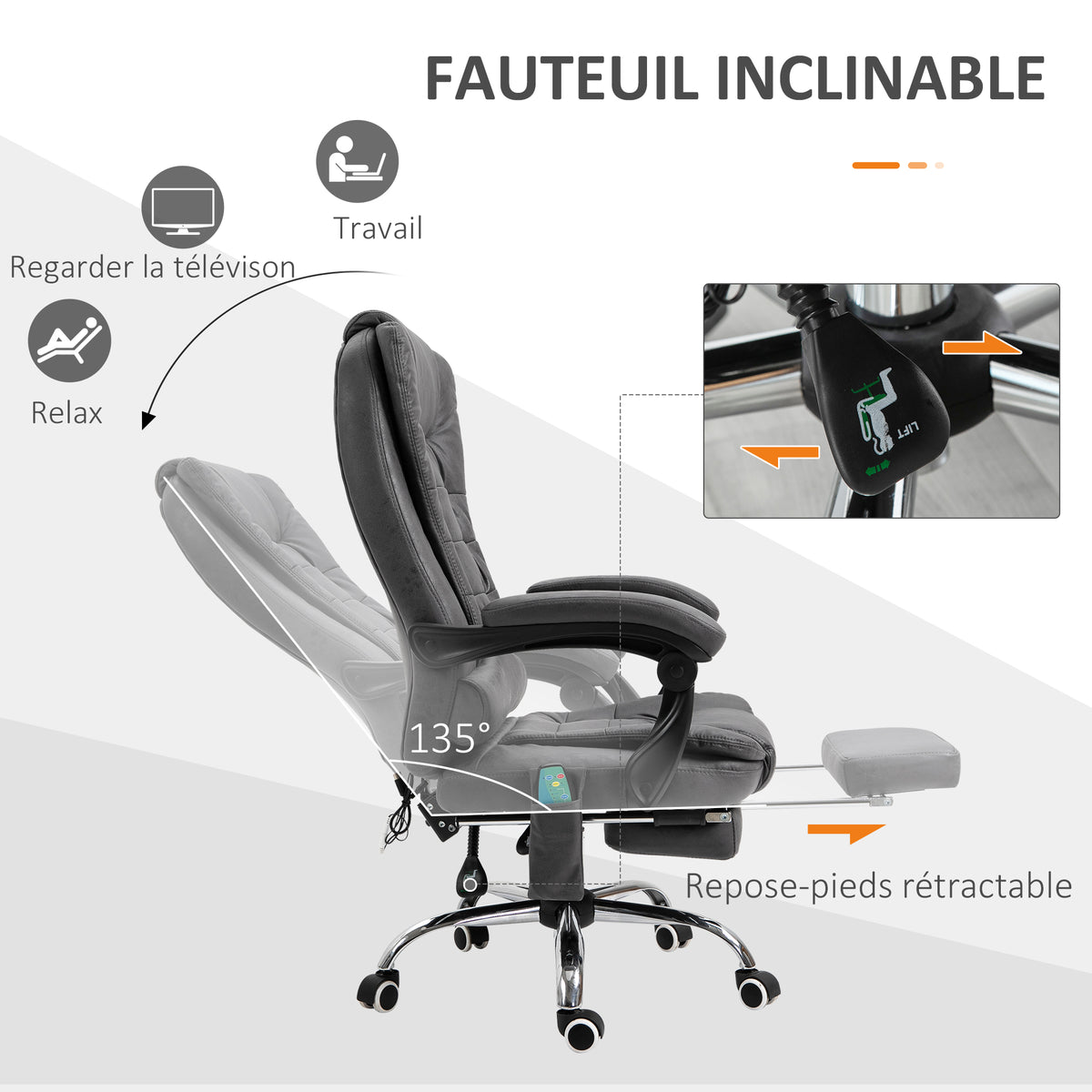Fauteuil de bureau massant chauffant hauteur réglable dossier inclinable repose-pied + coussin lombaires intégrés-4