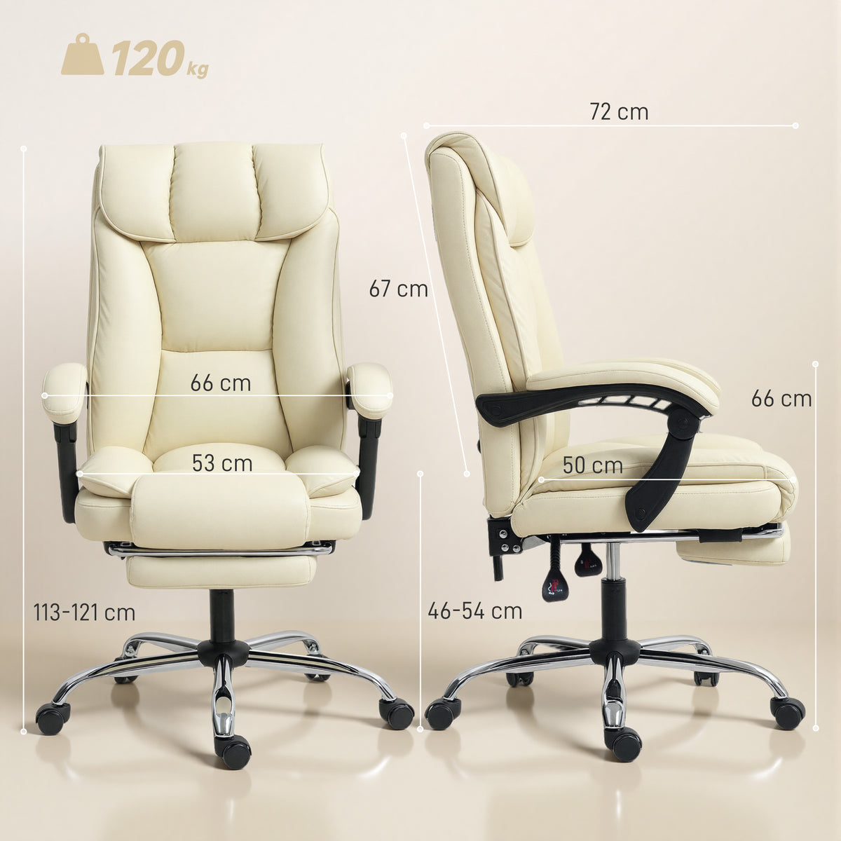 Chaise de bureau ergonomique, fauteuil de bureau inclinable avec repose-pieds, hauteur réglable, pivotante 360°, beige-2