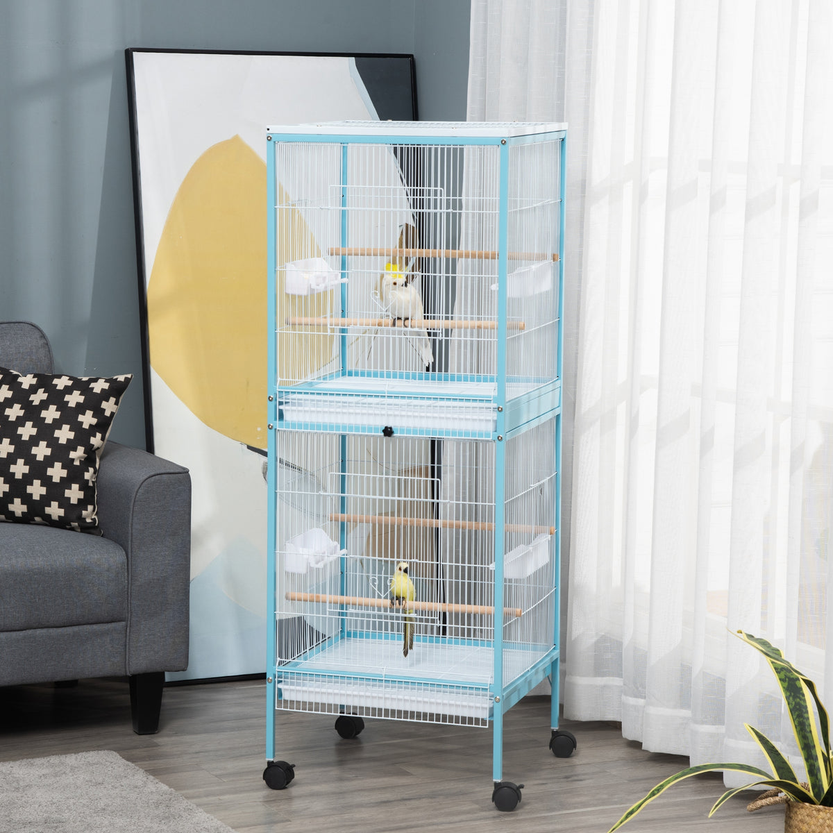 Grande Cage à Oiseaux sur Pied Double avec Mangeoires Perchoirs Plateau Amovible Roulettes 51,5 x 50 x 140 cm Bleu Clair-1