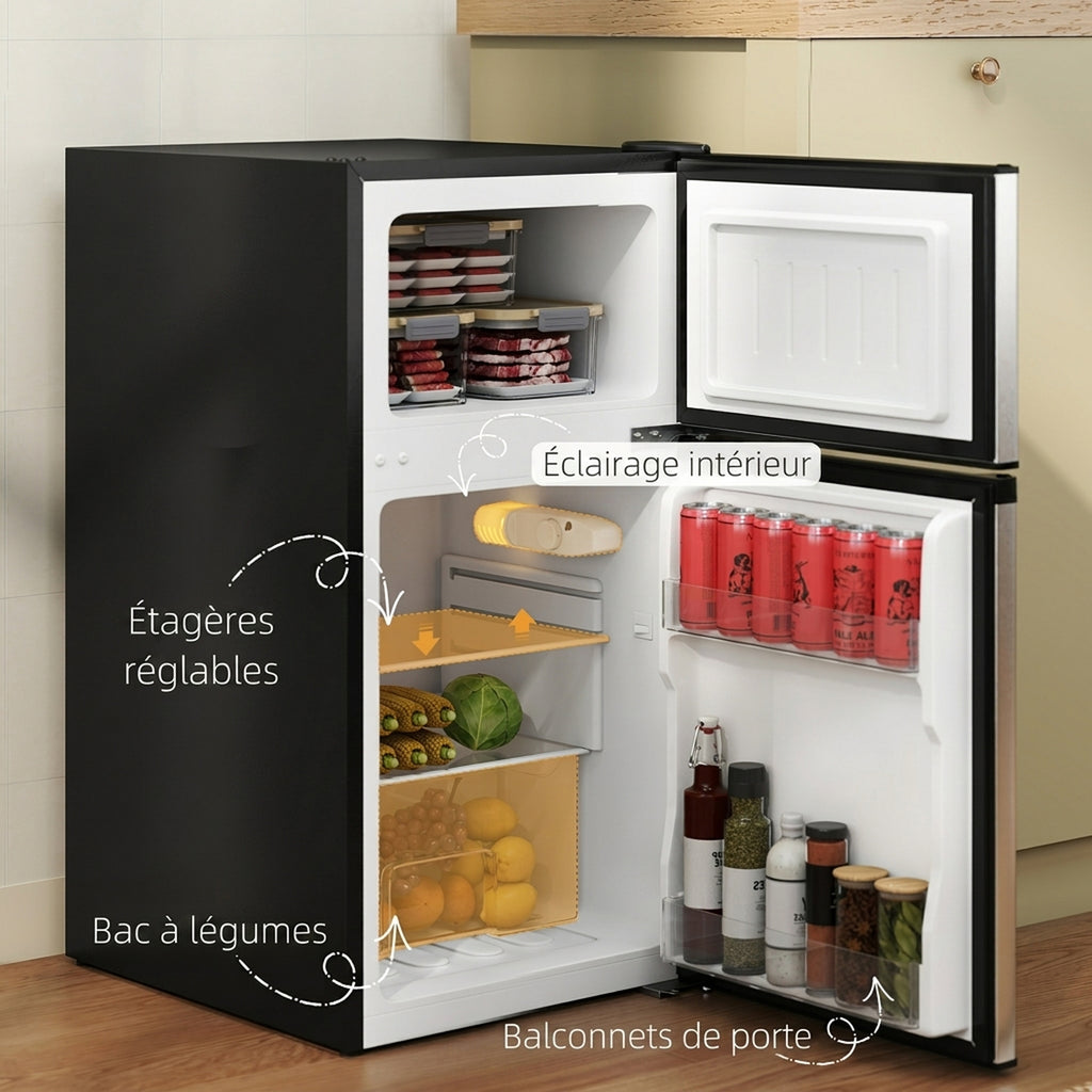 Réfrigérateur congélateur 88 L, petit réfrigérateur combiné avec portes réversibles et éclairage, 45,5x50x86,5cm, noir-4