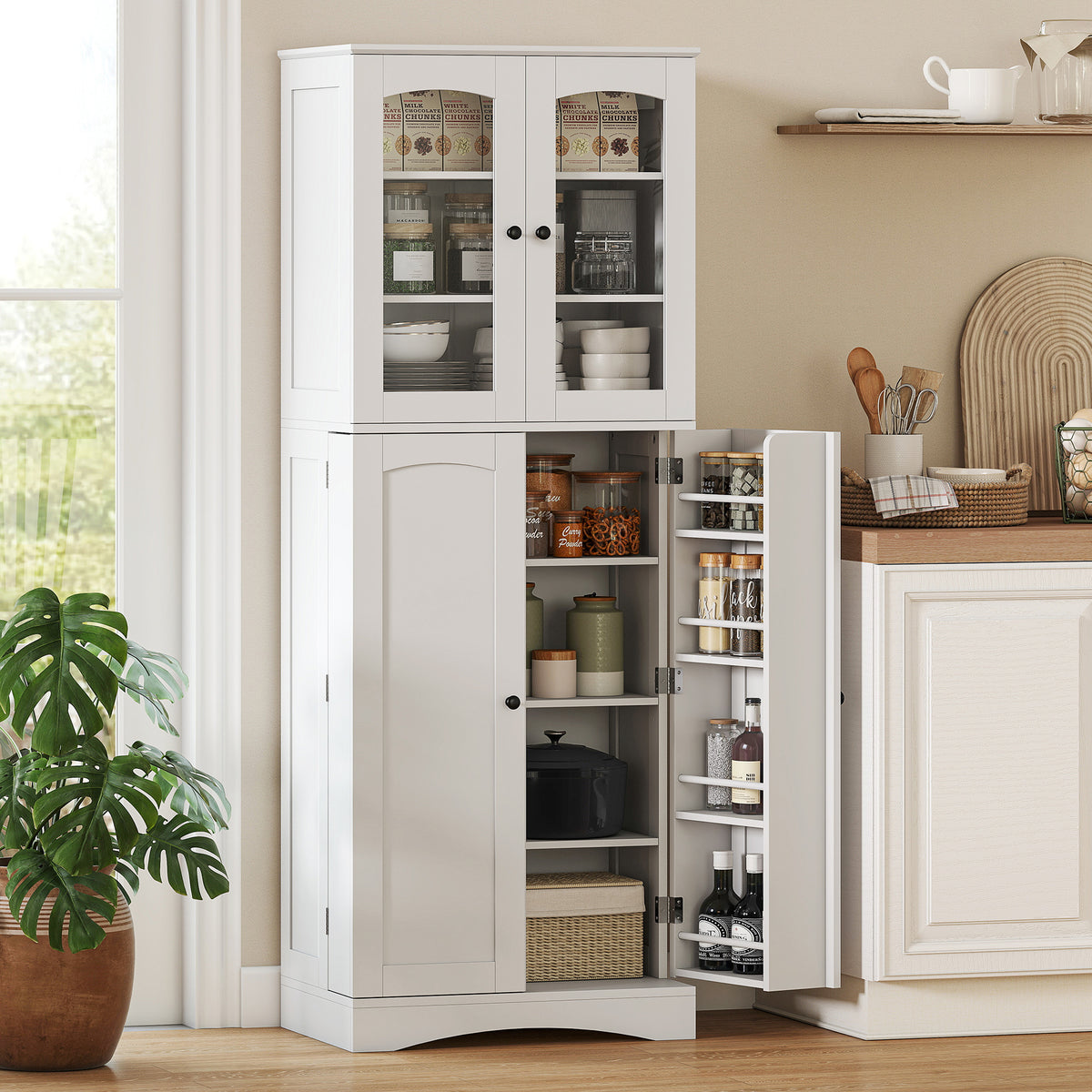 Buffet haut cuisine, vaisselier vitrine en acrylique, 4 portes, 10 compartiments, 8 porte-racks, 60 x 40 x 162 cm, blanc-1