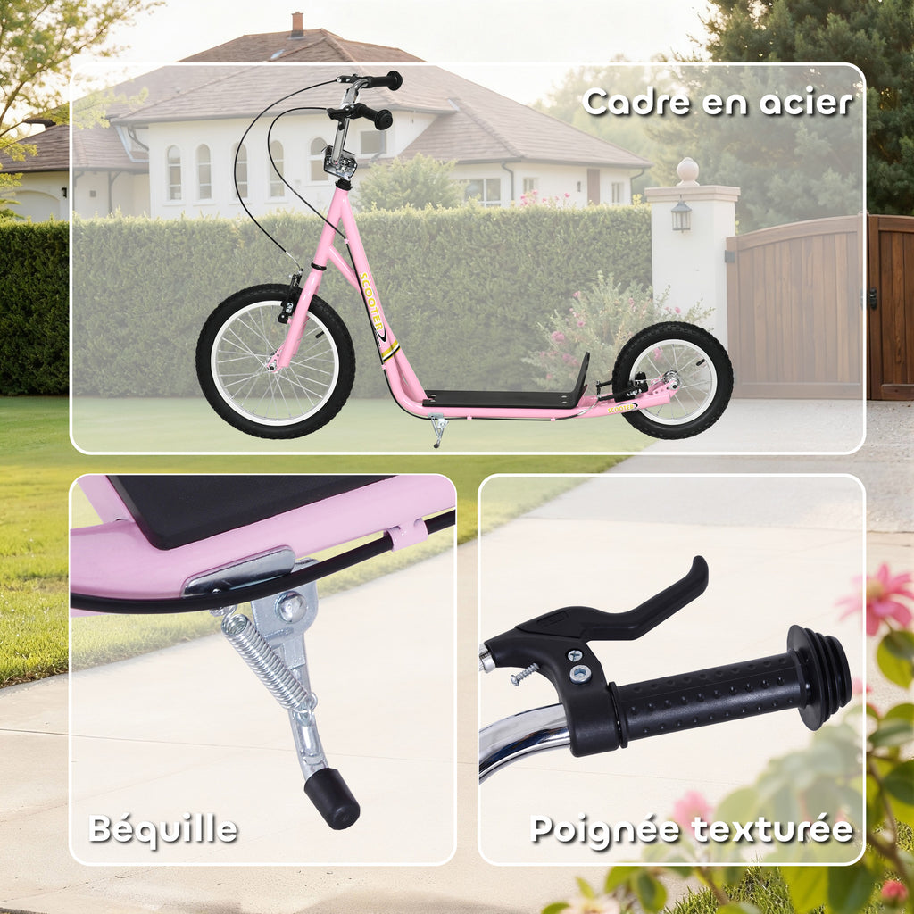 Trottinette patinette Enfant à partir de 5 Ans Grands pneus Guidon réglable poignées Freins et béquille Acier Rose-7