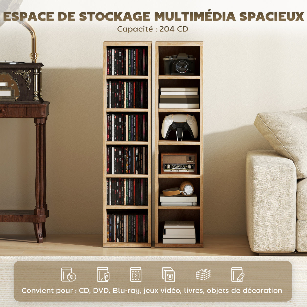 Lot de 2 étagères colonnes armoire de rangement CD-DVD 12 compartiments 21 x 22,5 x 88,5 cm capacité 204 CD chêne-3
