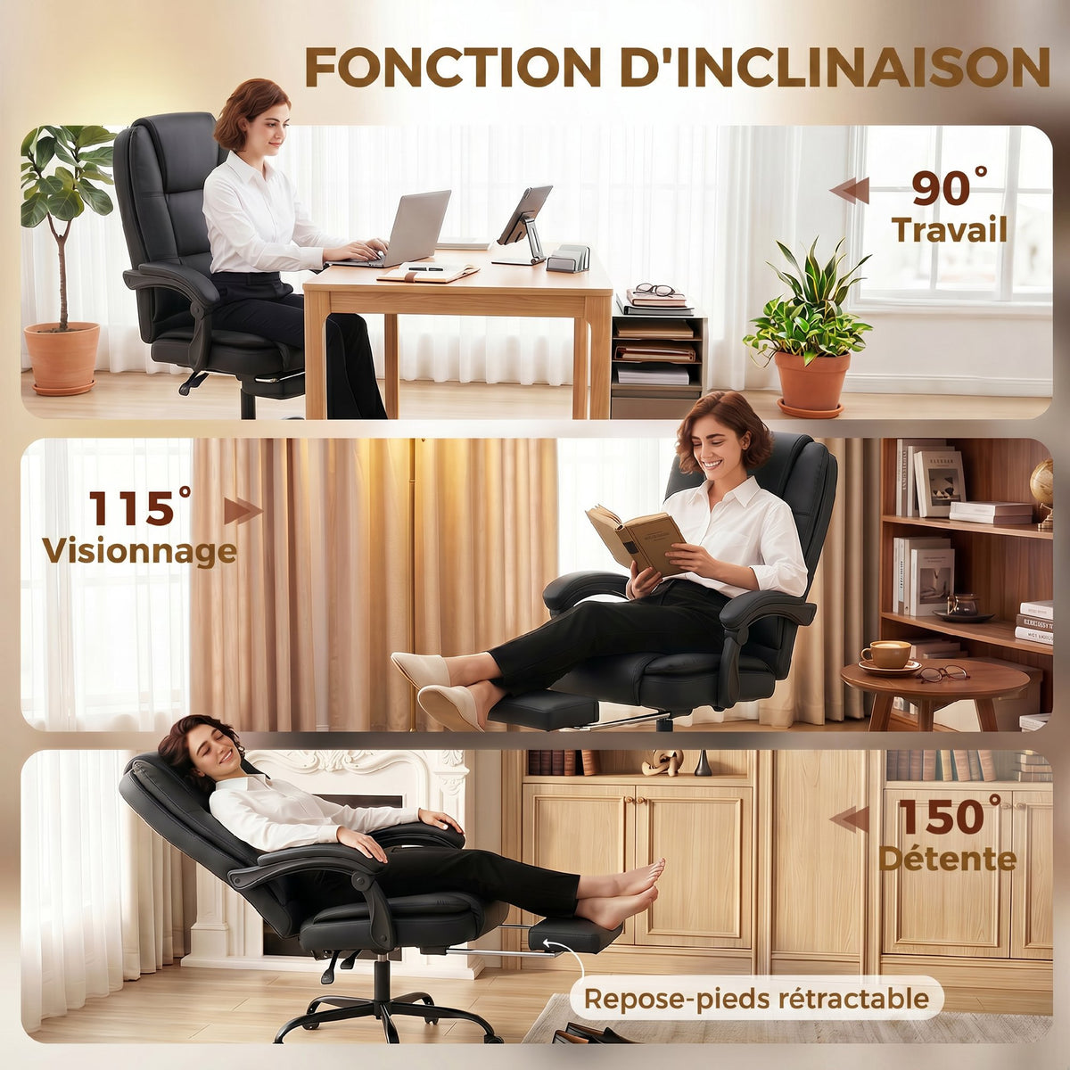 Chaise de bureau ergonomique, fauteuil de bureau inclinable en pu avec repose-pieds rétractable, hauteur réglable, noir-4
