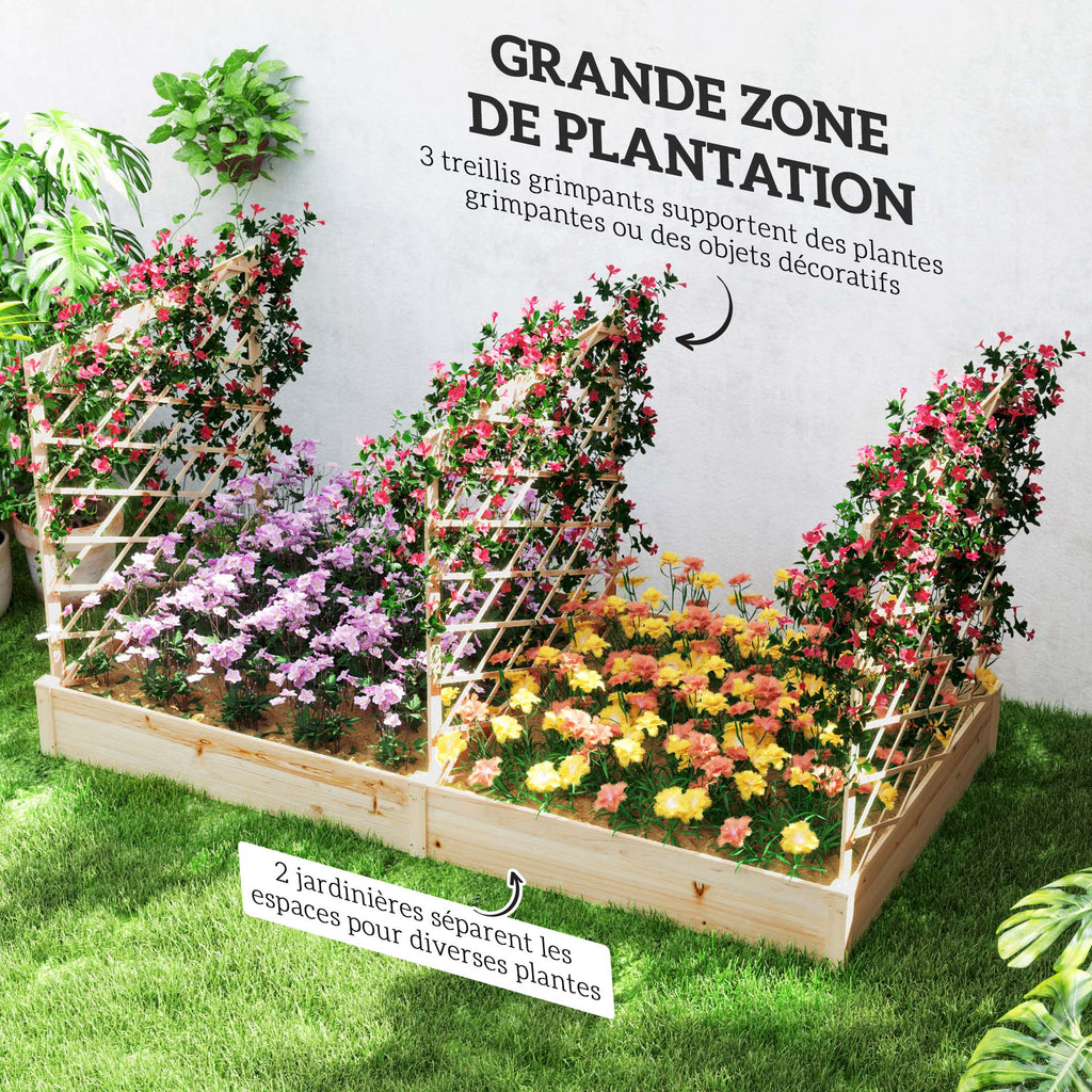 Jardinière avec 3 treillis modulable, bac à fleurs en bois pour balcon terrasse patio, 222x114x109 cm effet bois naturel-3