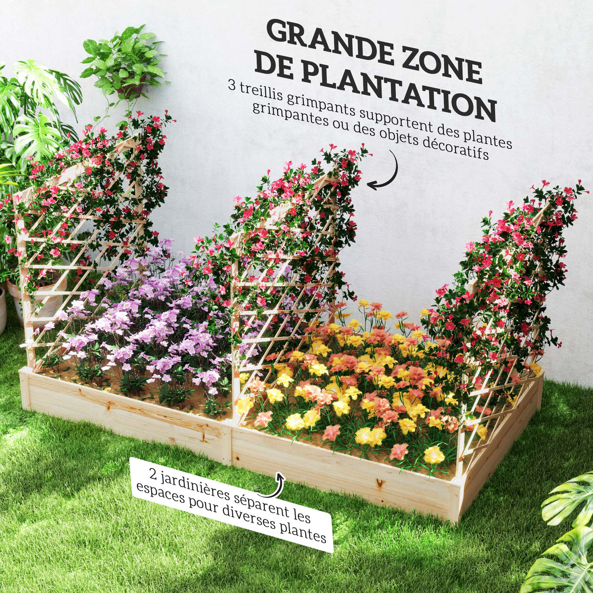 Jardinière avec 3 treillis modulable, bac à fleurs en bois pour balcon terrasse patio, 222x114x109 cm effet bois naturel-3