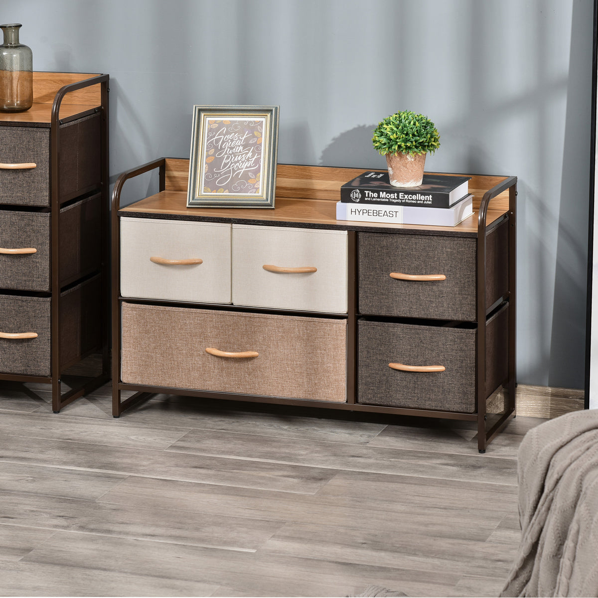 Commode Meuble de Rangement 5 tiroirs en Tissu 87,5 x 29 x 58 cm Marron et Beige-7