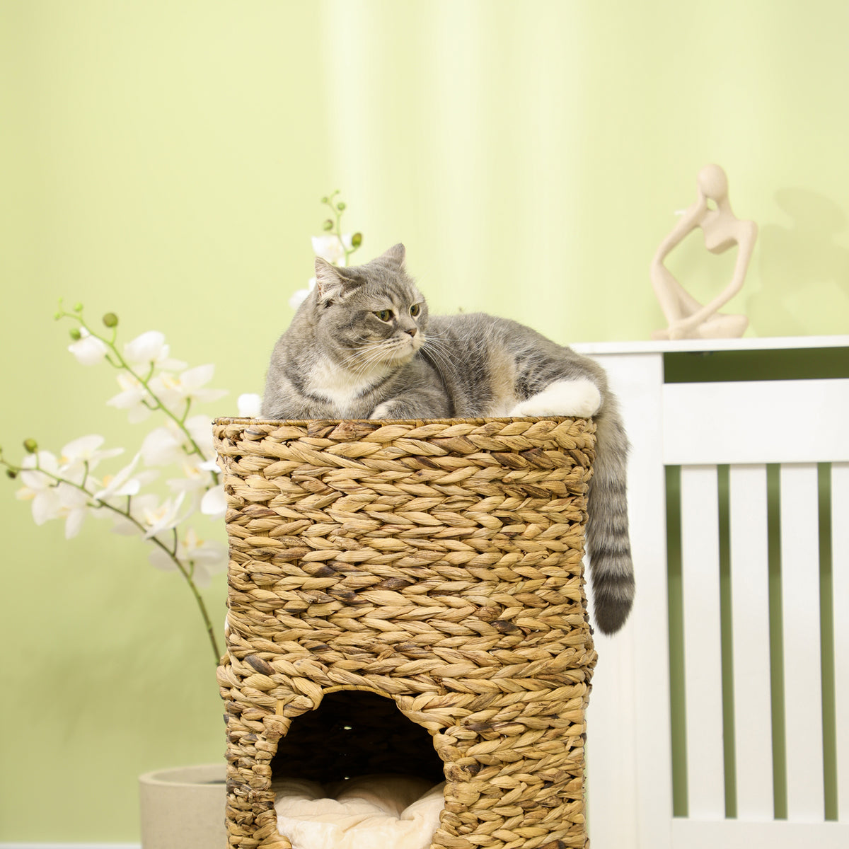 Tonneau à Gratter pour Chat 3 Niveaux, Coussins, Tressage en Jacinthe d'Eau, Cadre en Acier, Ø 40 x 73 cm, Marron Clair-8