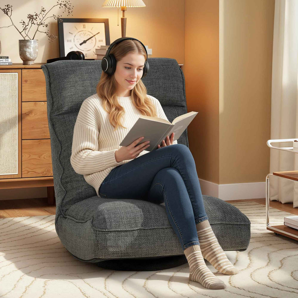 Fauteuil de sol pliable pivotant à 360°, chaise de sol rembourré avec dossier réglable en 5 positions, 58x107x79cm, gris-1