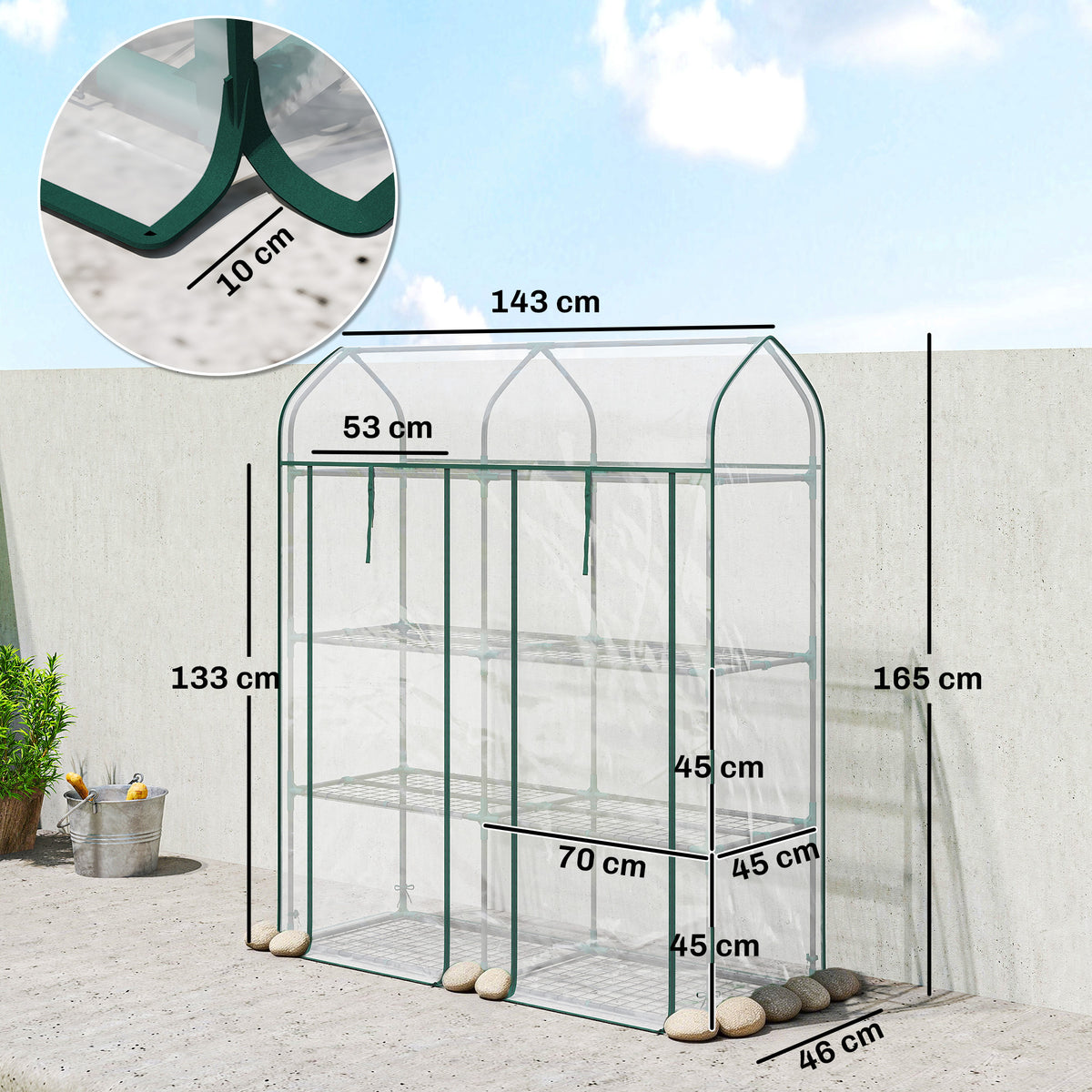 Serre de Jardin, Petite Serre de Balcon étagères 3 niveaux en Bâche PVC et Châssis Acier, 143 x 46 x 165 cm, transparent-2