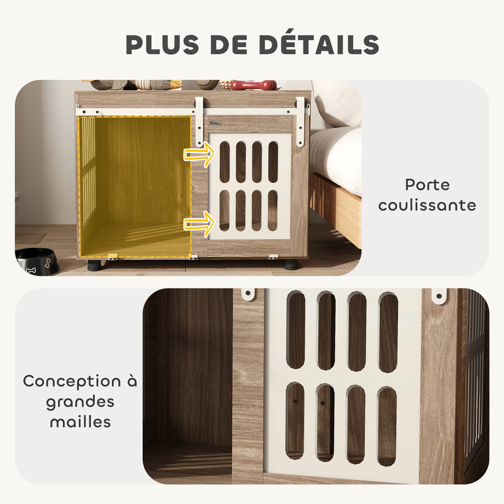 Meuble cage pour chien avec porte coulissante, maison pour chien de moyenne, table d'appoint, 80 x 59 x 63 cm, noyer-4