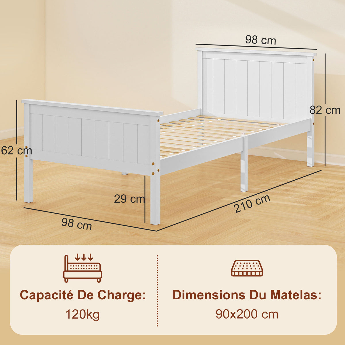Cadre de lit 90 x 200 cm, lit simple en bois massif avec sommier à lattes tête et pied inclus, assemblage facile, blanc-2