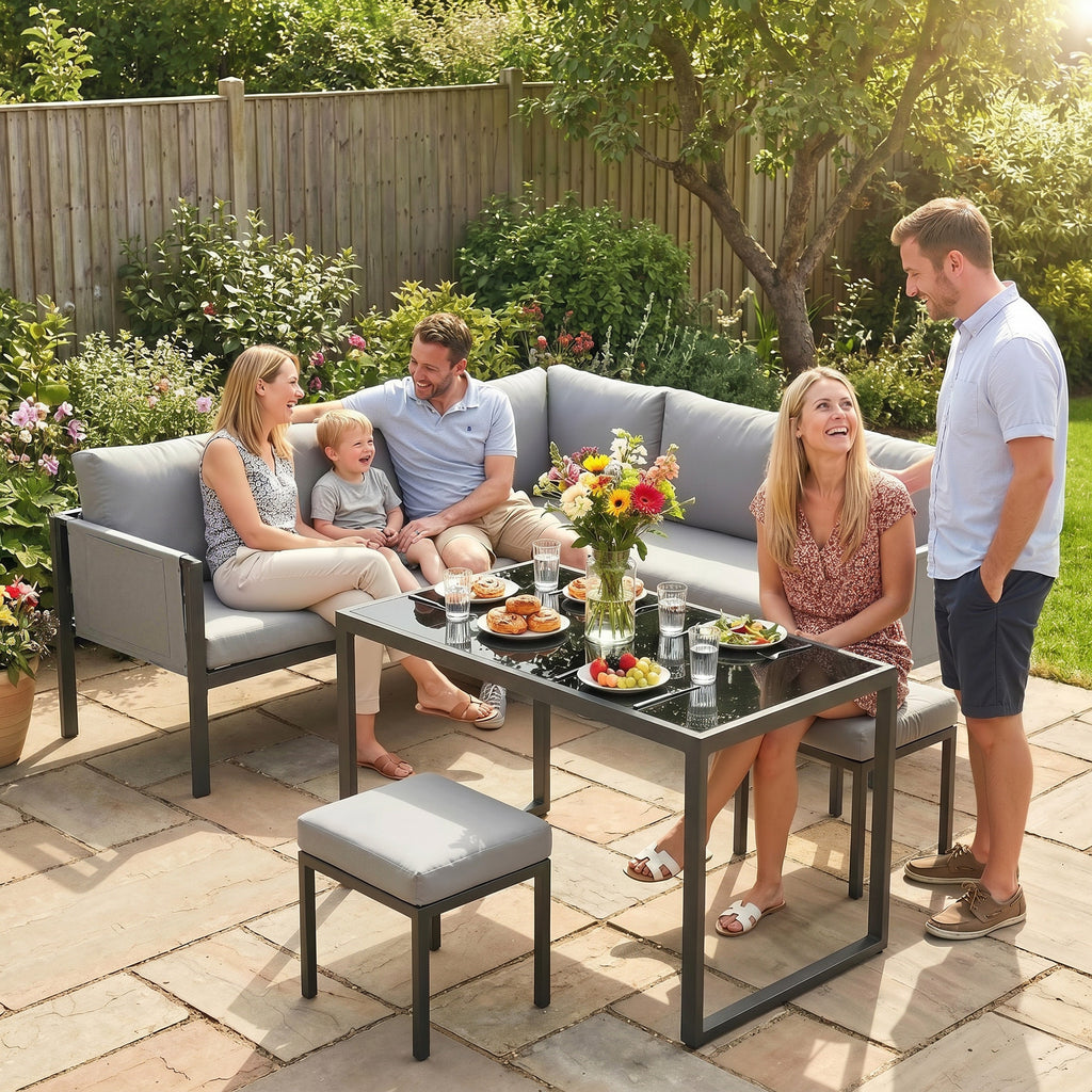 Salon de Jardin Canapé d'Angle Extérieur 6 Pièces Coussins 10cm Table Haute et 2 Repose-pieds Gris-8