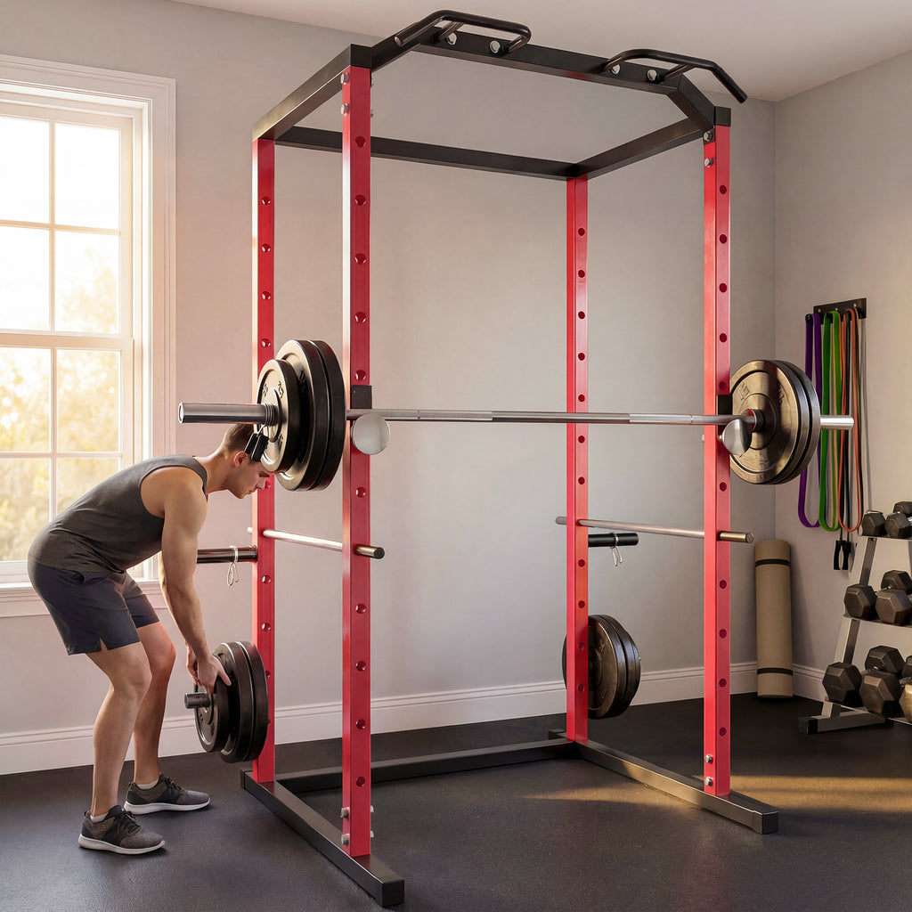 Station de Musculation Multifonction Acier Charge 460 kg, Barre de Traction, Rack de Squat, Dips, 160x112x215cm, Rouge-9