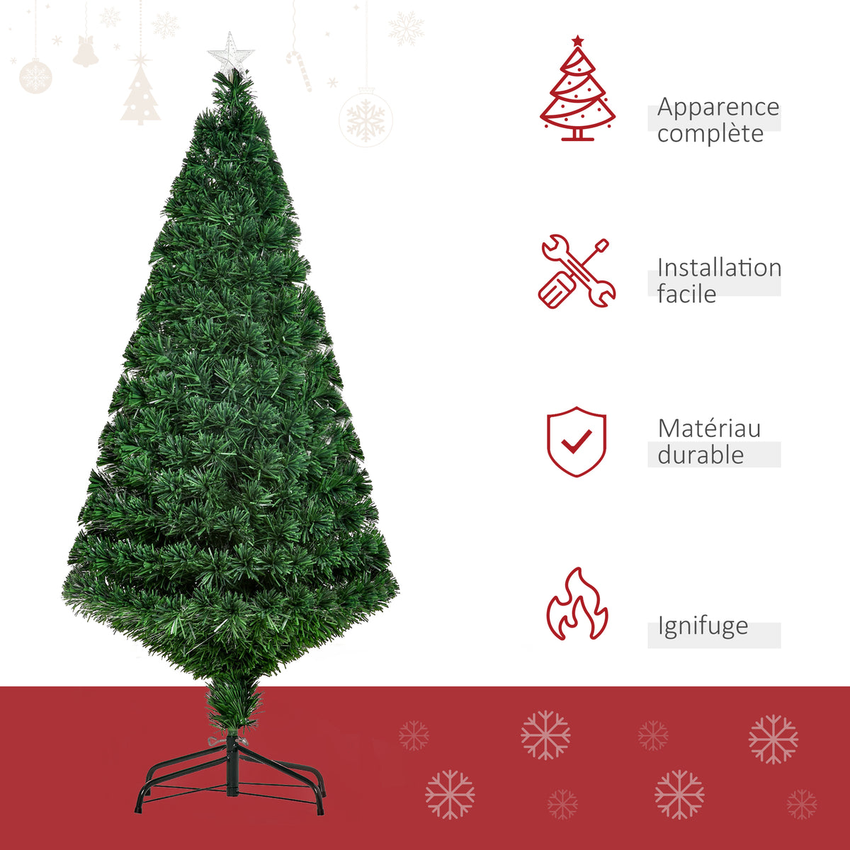Sapin Noël Artificiel Lumineux 150H cm Fibre Optique Multicolore + Support Pied 180 Sommet Brillante Vert-3
