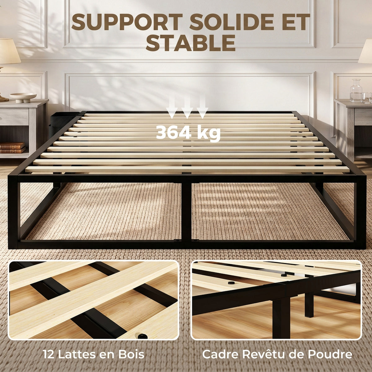 Cadre de Lit 140 x 190 cm avec Sommier, Lit Double avec Pochette de Rangement, Support à Lattes en Bois, Noir-4
