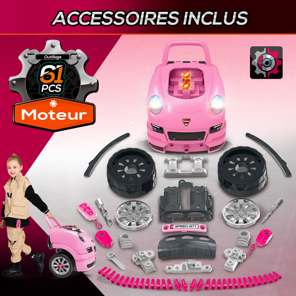 Camion mécano 2 en 1 jouet bricolage enfant jeu d'imitation mécanicien nombreux qccessoires total de 61 pièces rose-4