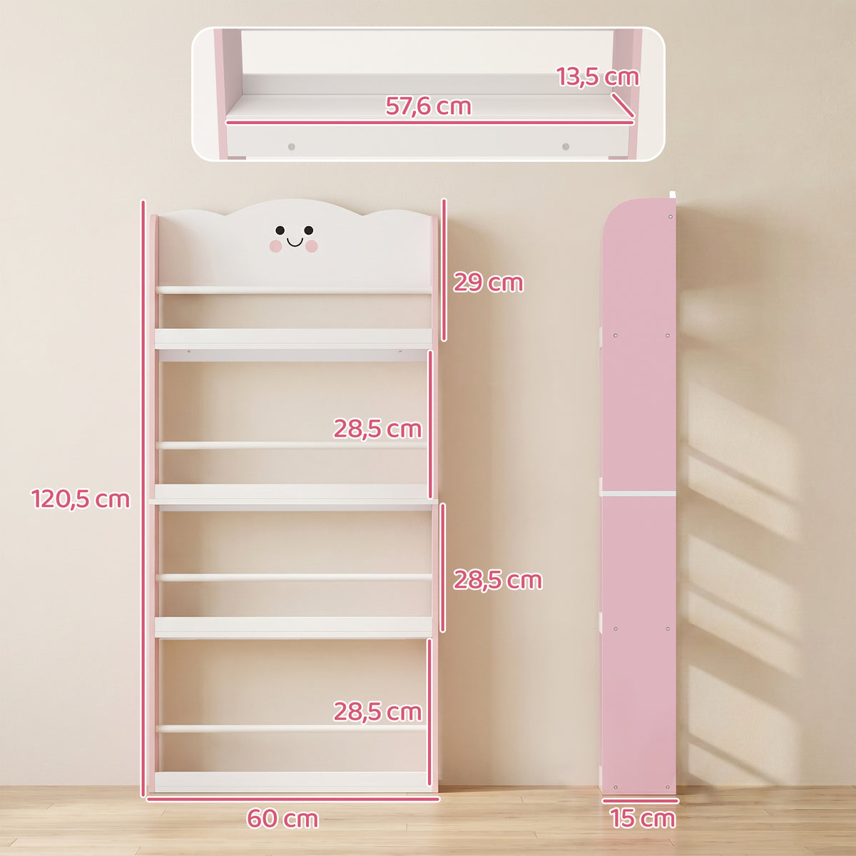 Bibliothèque pour enfant, rangement livre enfant 4 niveaux en thème barbe à papa, 60x12x108cm, rose-2