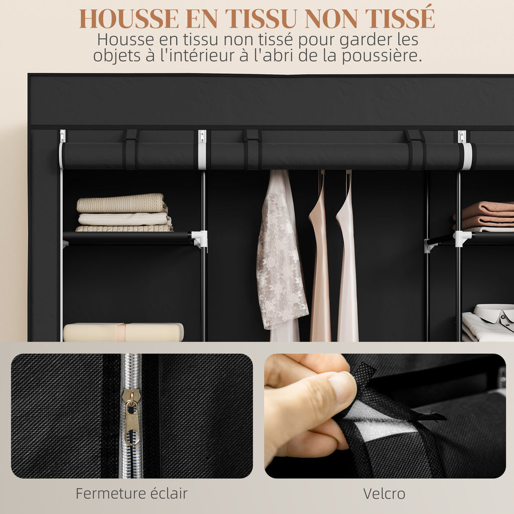 Armoire de rangement penderie en tissu pliable avec barre de suspension et étagères, 150 x 43 x 162,5 cm, noir-4