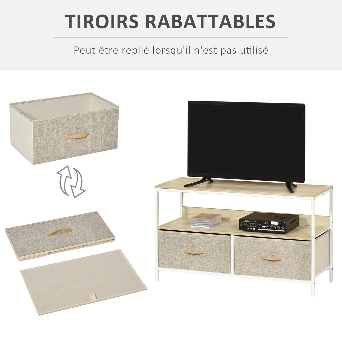 Meuble TV Bas sur Pieds Style Industriel 2 tiroirs en Tissu Gris Bois Naturel et métal Blanc-3