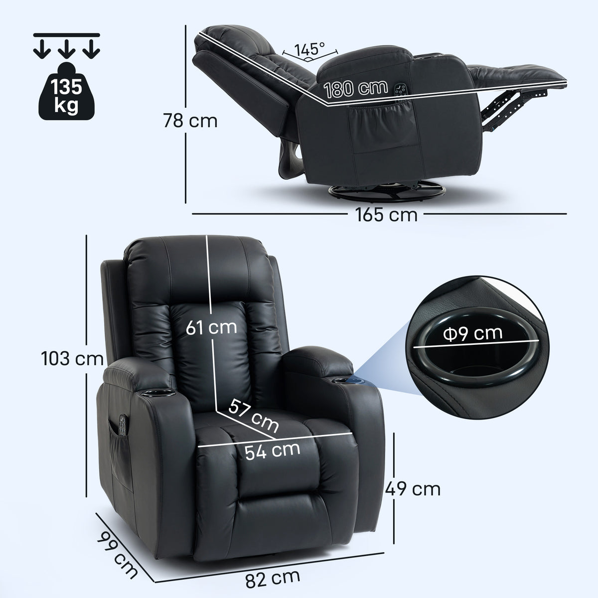 Fauteuil inclinable de massage et chauffage, fauteuil de relaxation, dossier réglable, pivotant 360°, 82x99x103cm, noir-2