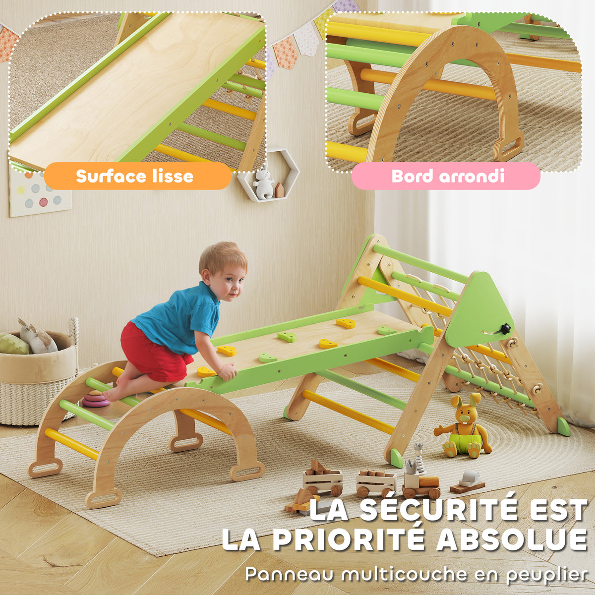 Triangle d'escalade enfants 8 en 1 avec rampe double face, arc d'escalade en bois avec toboggan & échelle, vert-4