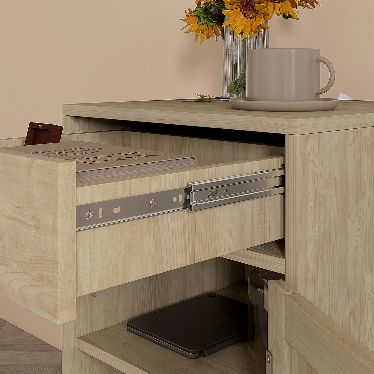 Lot de 2 tables de chevet avec placard et étagère porte rotin tissé 1 tiroir design bohème - 40 x 40 x 68,5 cm naturel-8