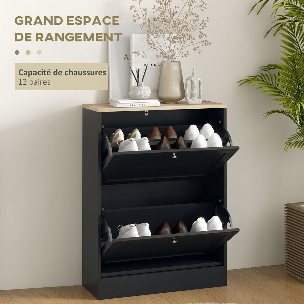 Meuble à Chaussures 12 Paires, Meuble d'Entrée avec 2 Tiroirs Rabattables et Étagères Réglables, 60 x 23,5 x 80cm, Noir-3