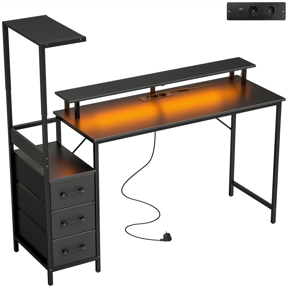 Bureau Gaming 147 x 47 cm, Éclairage RGB, Prises et Ports USB, Support pour Unité Centrale Réglable et Réversible, Noir-0