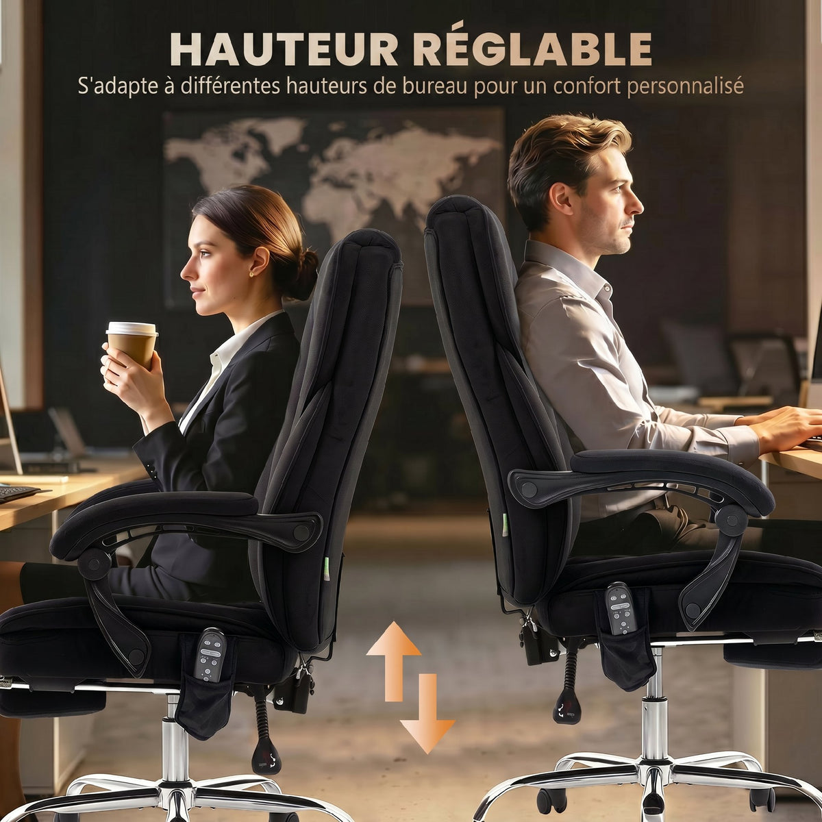 Fauteuil de bureau massant et chauffant hauteur réglable dossier inclinable télécommande repose-pieds rétractable noir-6