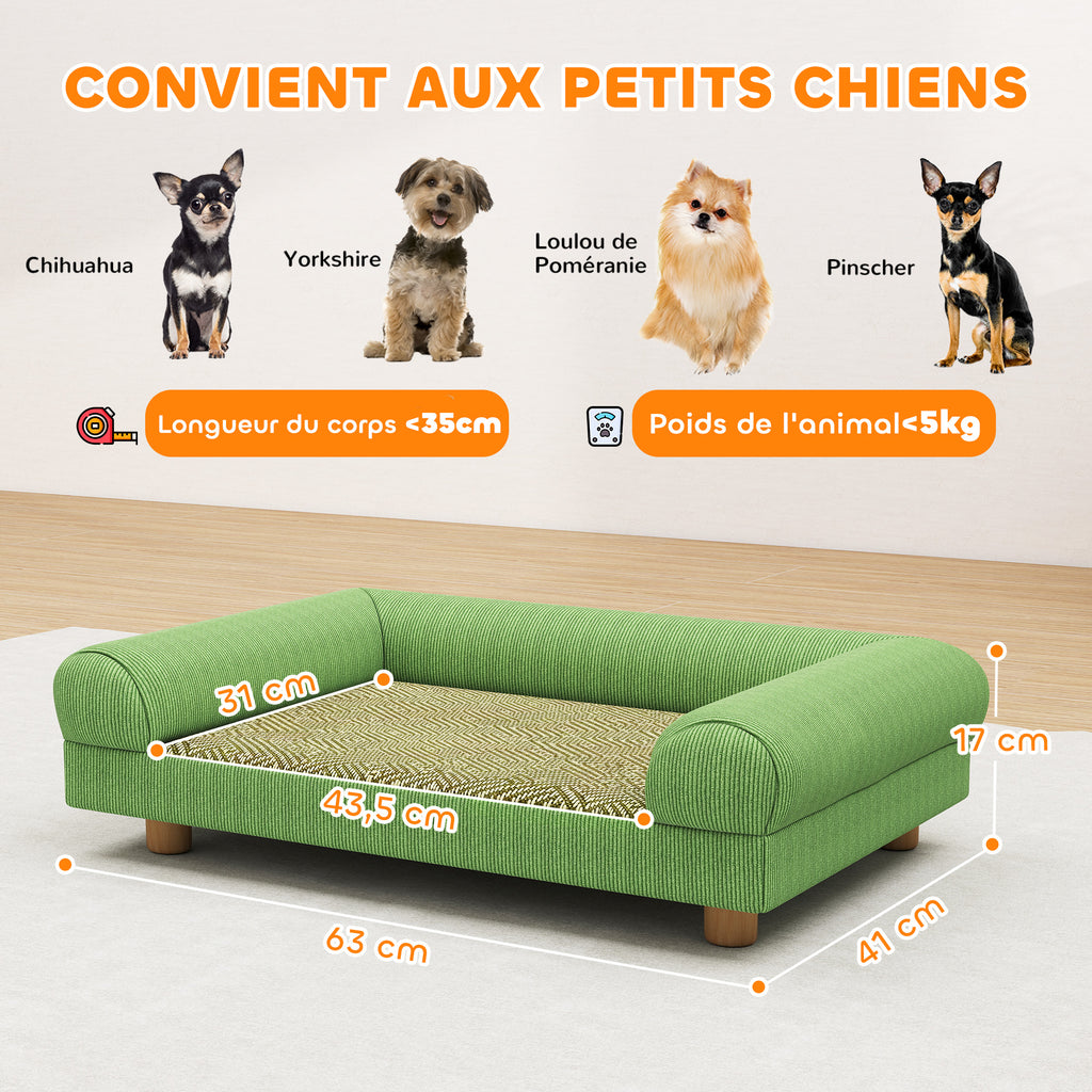 Canapé pour chien chat lit pour chien surélevé, assise de tapis frais, accoudoirs, en velours doux 63 x 41 x 17 cm, vert-2
