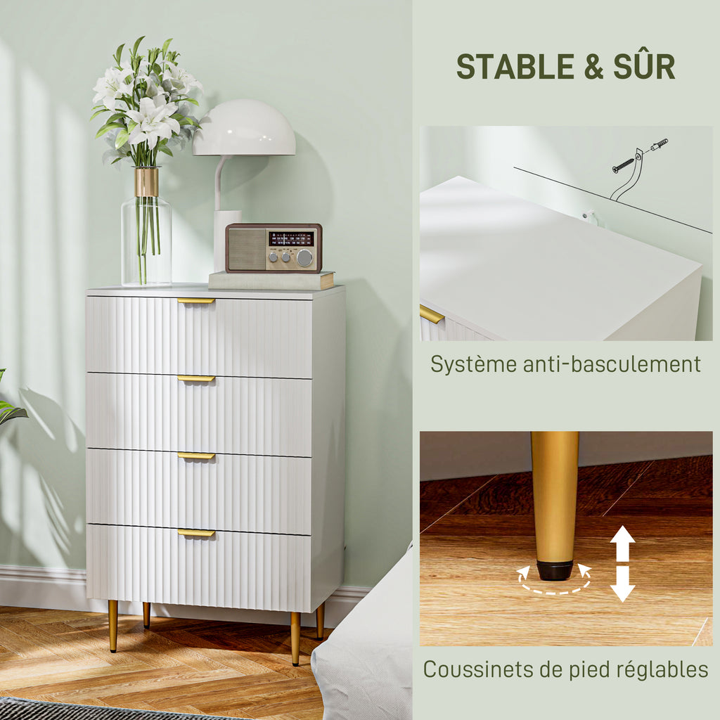 Commode 4 tiroirs commode chambre meuble de rangement moderne avec poignées et pieds dorés, dim. 60 x 40 x 96 cm, blanc-5