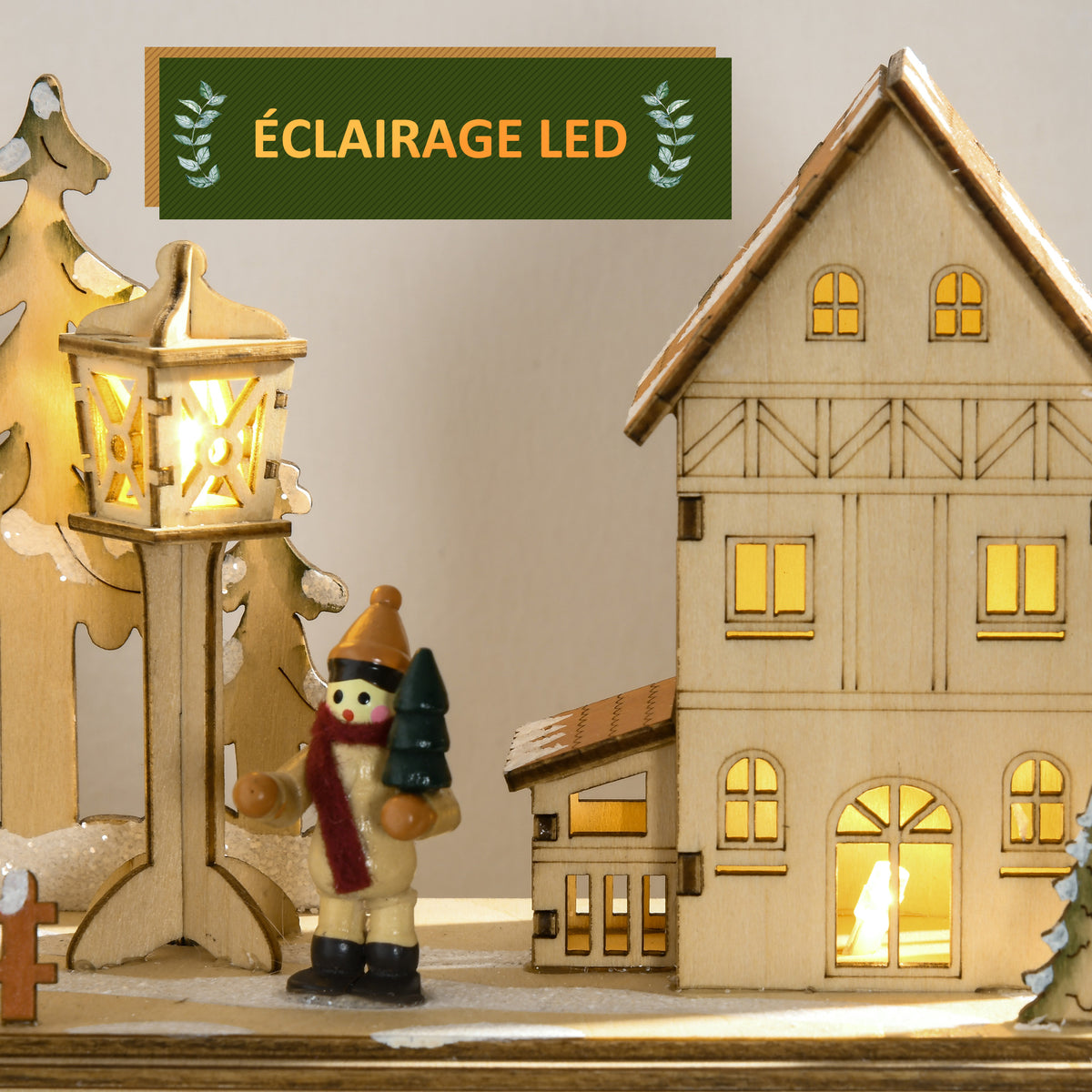 Calendrier de l'Avent LED en forme de village enneigé avec 24 tiroirs décoration lumineuse de Noël beige-3