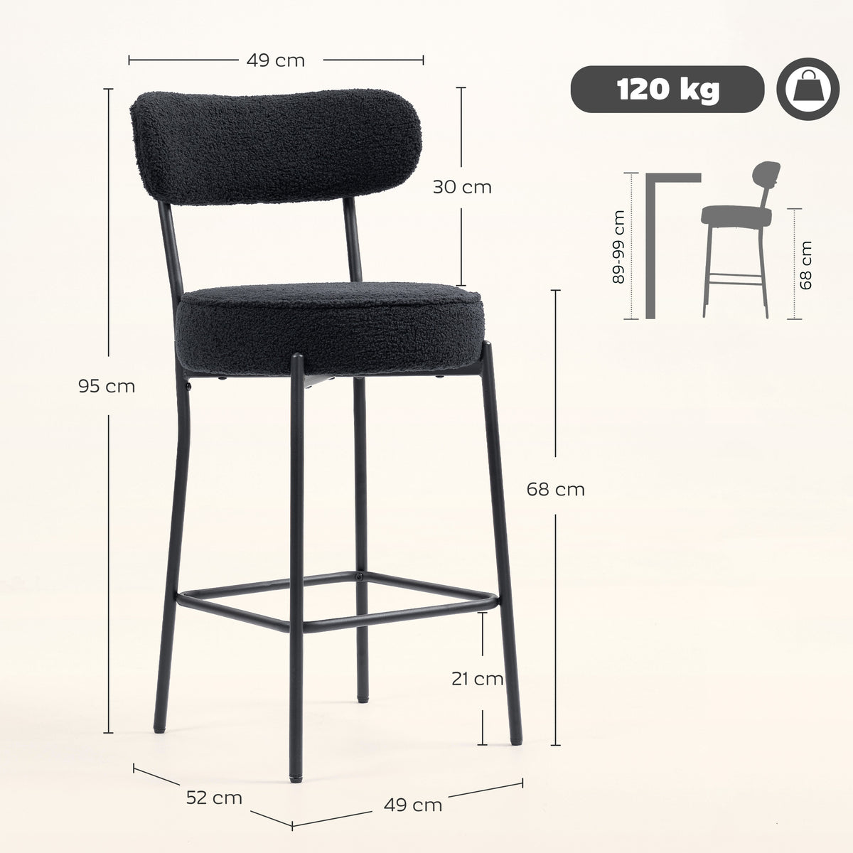 Lot de 2 tabourets de bar en tissu bouclette, chaises de bar avec dossier courbé, repose-pieds, 49x52x95cm, noir-2