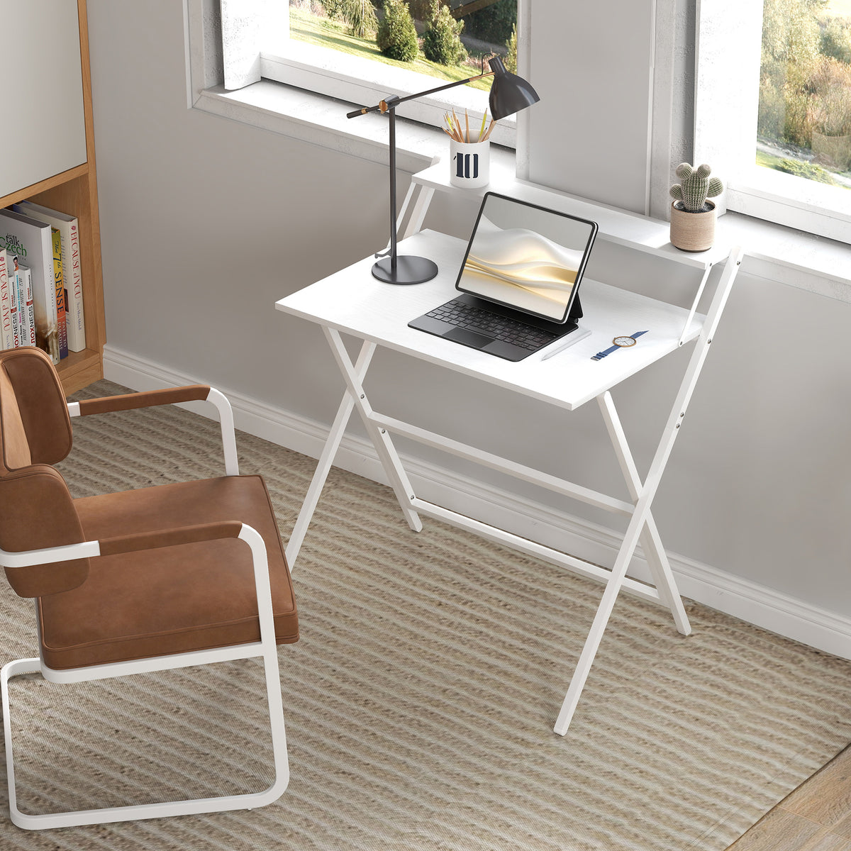 Bureau pliable 75,5 x 50 cm avec étagère de rangement pour chambre, petits espaces, blanc-6