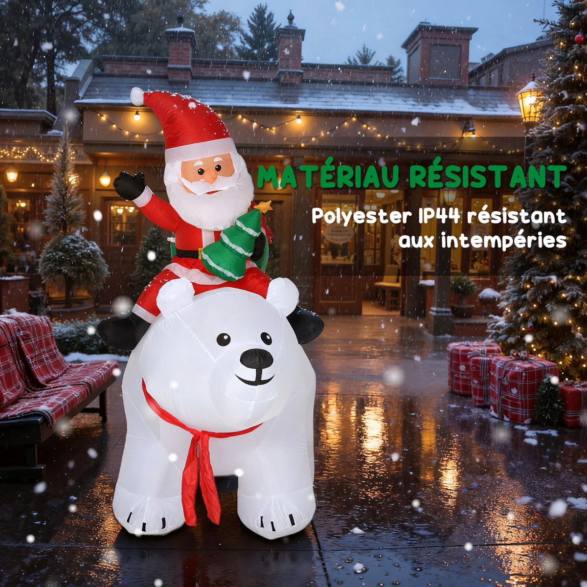 Père Noël gonflable de Noël sur ours polaire 200 cm, 5 lumières LED, décoration de Noël intérieure et extérieure, blanc-4