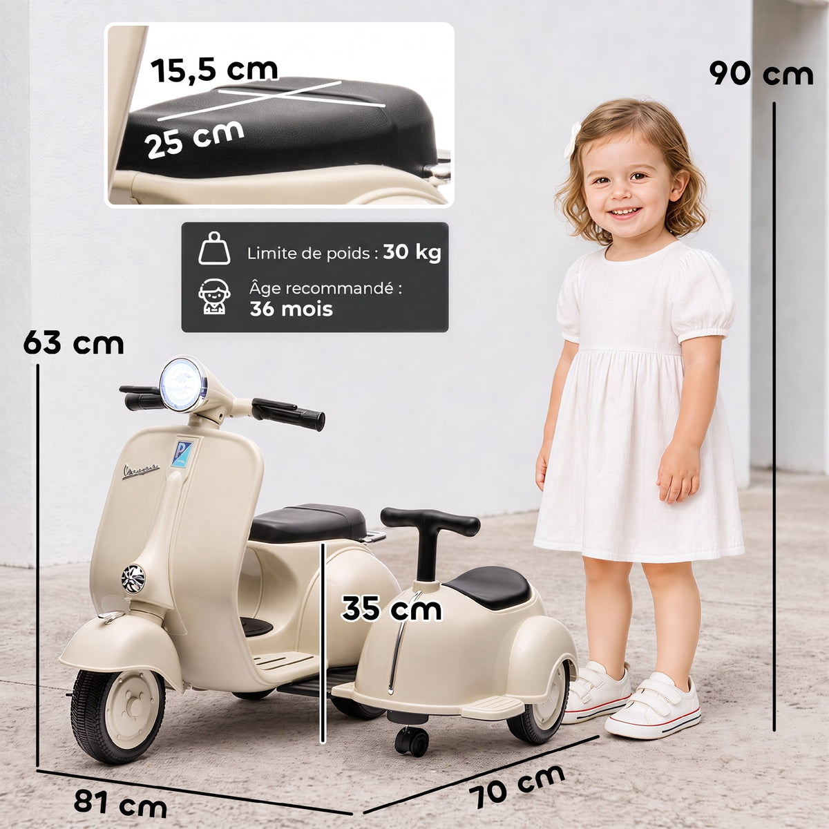 Moto Électrique Enfants sous Licence VESPA 6V 2 Places, Vitesse 3-5 Km/h, Démarrage Progressif, Crème-2
