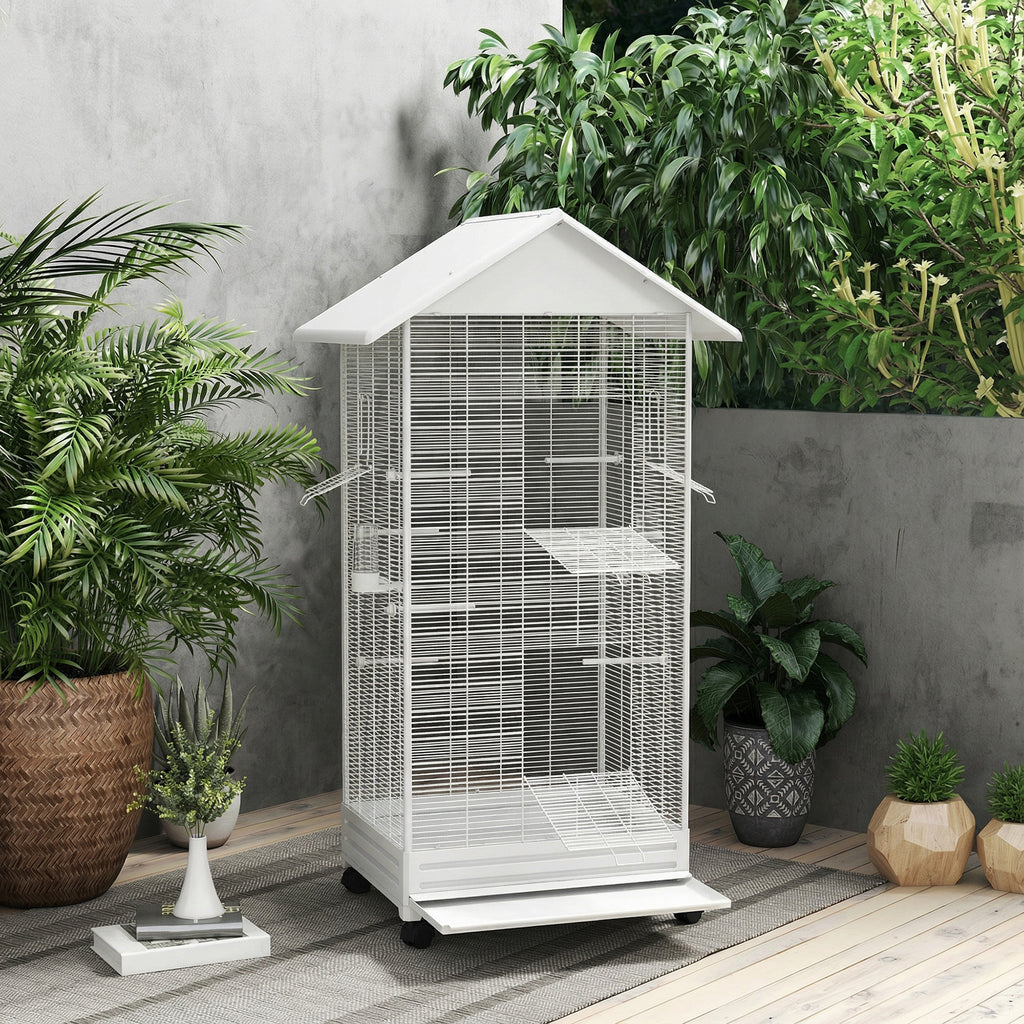 Cage oiseau sur pied volière oiseaux intérieure sur roulettes 2 mangeoires 8 perchoirs 79 x 65 x 155 cm fil d'acier blanc-8