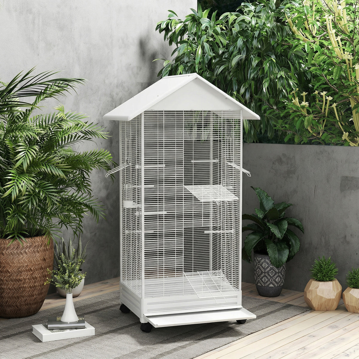 Cage oiseau sur pied volière oiseaux intérieure sur roulettes 2 mangeoires 8 perchoirs 79 x 65 x 155 cm fil d'acier blanc-8