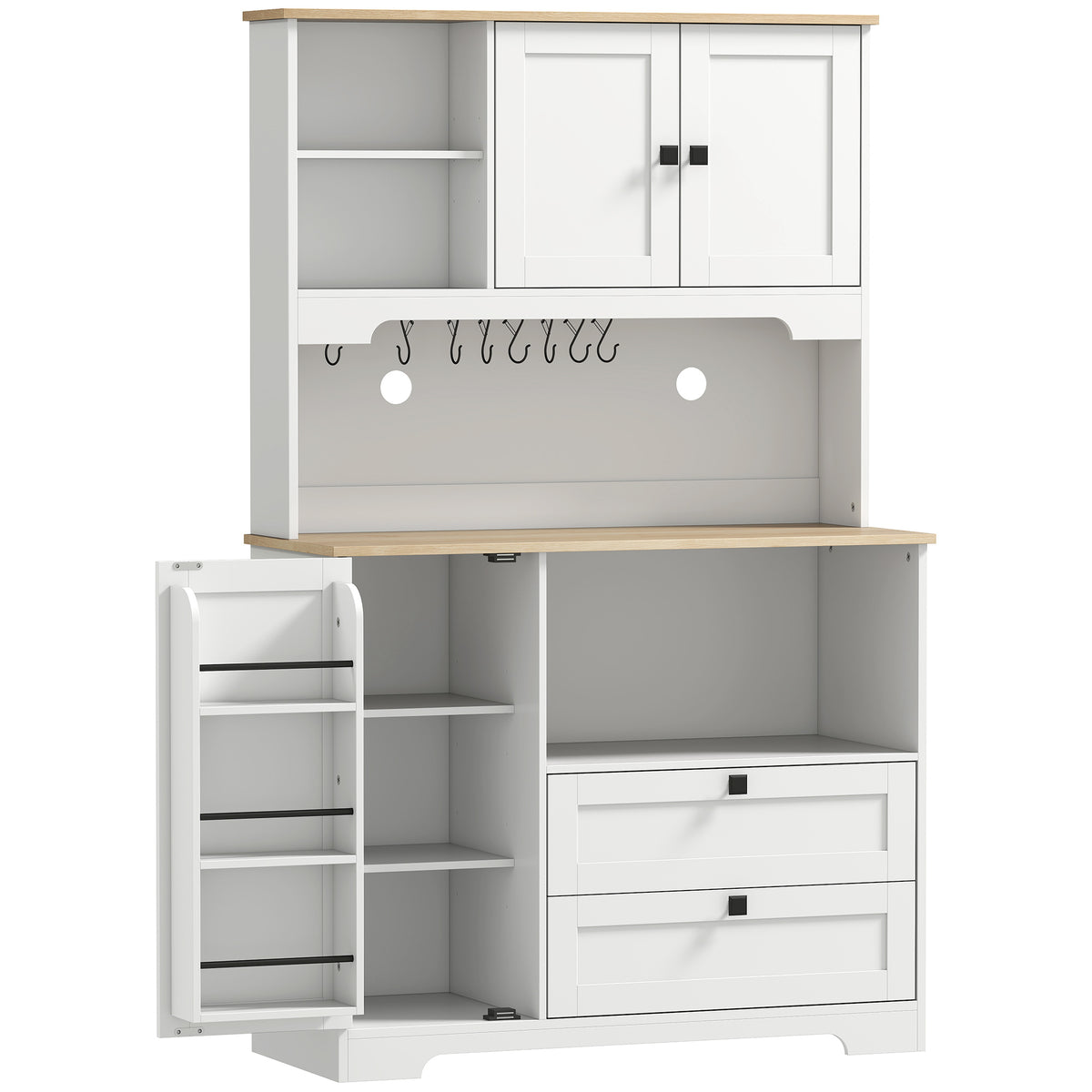 Buffet Haut Cuisine, Armoire Cuisine avec 3 Portes, 2 Tiroirs, Plan de Travail, Compartiments Ouverts, Blanc-0