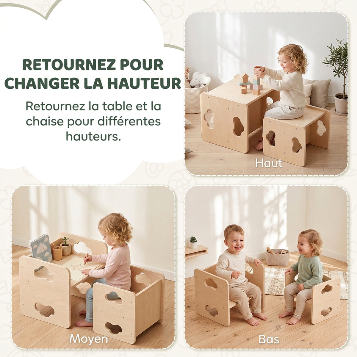 Ensemble Table et Chaise Enfant Réversible, Hauteurs Réglables, Poignées Nuage, 18-36 Mois, 38 x 36 x 33,5 cm, Naturel-3