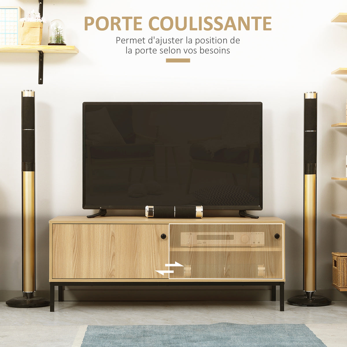 Meuble TV max. 50 pouces 3 compartiments 2 passe-câbles avec porte coulissante - dim. 120L x 39,5l x 46H cm-4